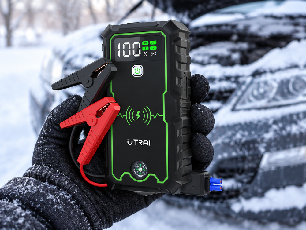 Powerbank rozruchowy w dłoni, w tle zaśnieżone auto